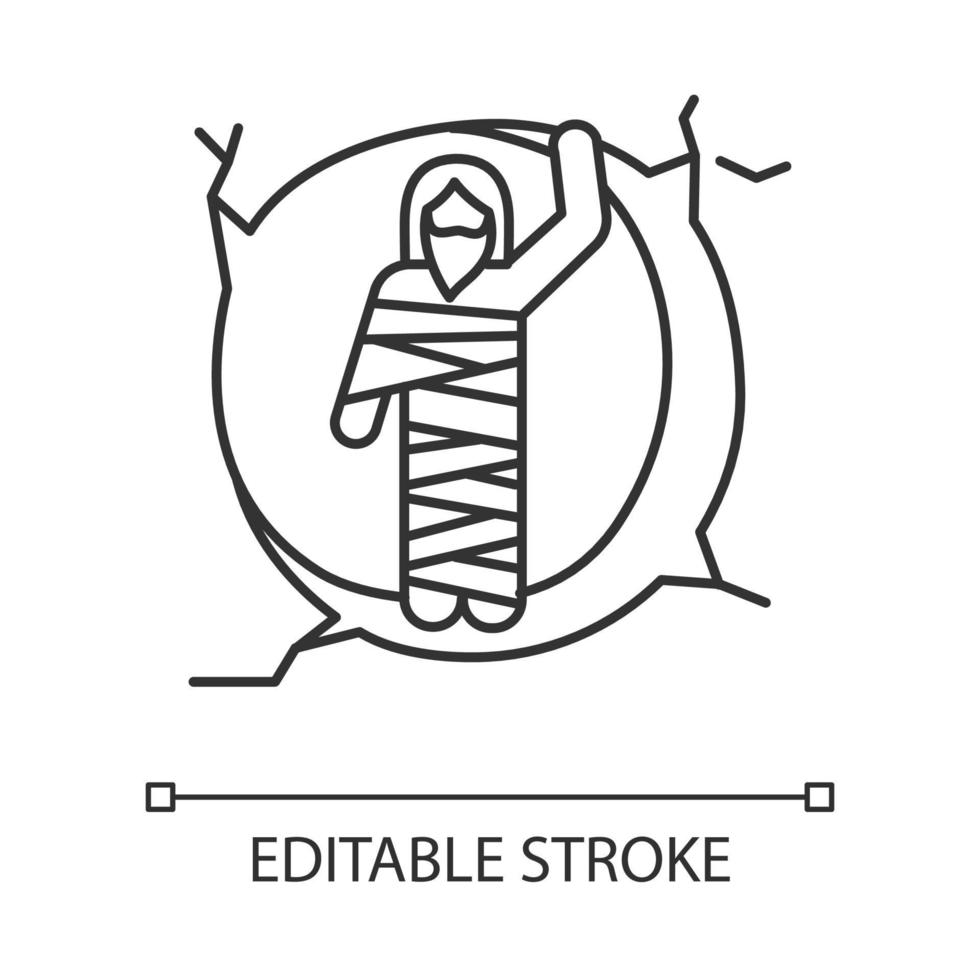 élévation de l'icône linéaire de lazare. christ résurrection du tombeau. homme en linceul à l'entrée de la grotte. résurrection. illustration de la ligne mince. symbole de contour. dessin de contour isolé de vecteur. trait modifiable vecteur