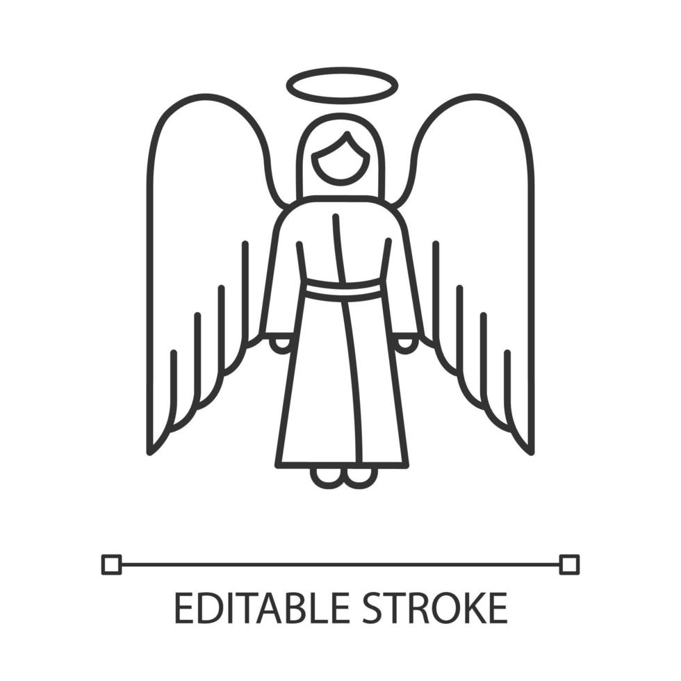 icône linéaire ange. archange biblique. figure humaine en robe avec ailes et halo. noël saint ange. illustration de la ligne mince. symbole de contour. dessin de contour isolé de vecteur. trait modifiable vecteur