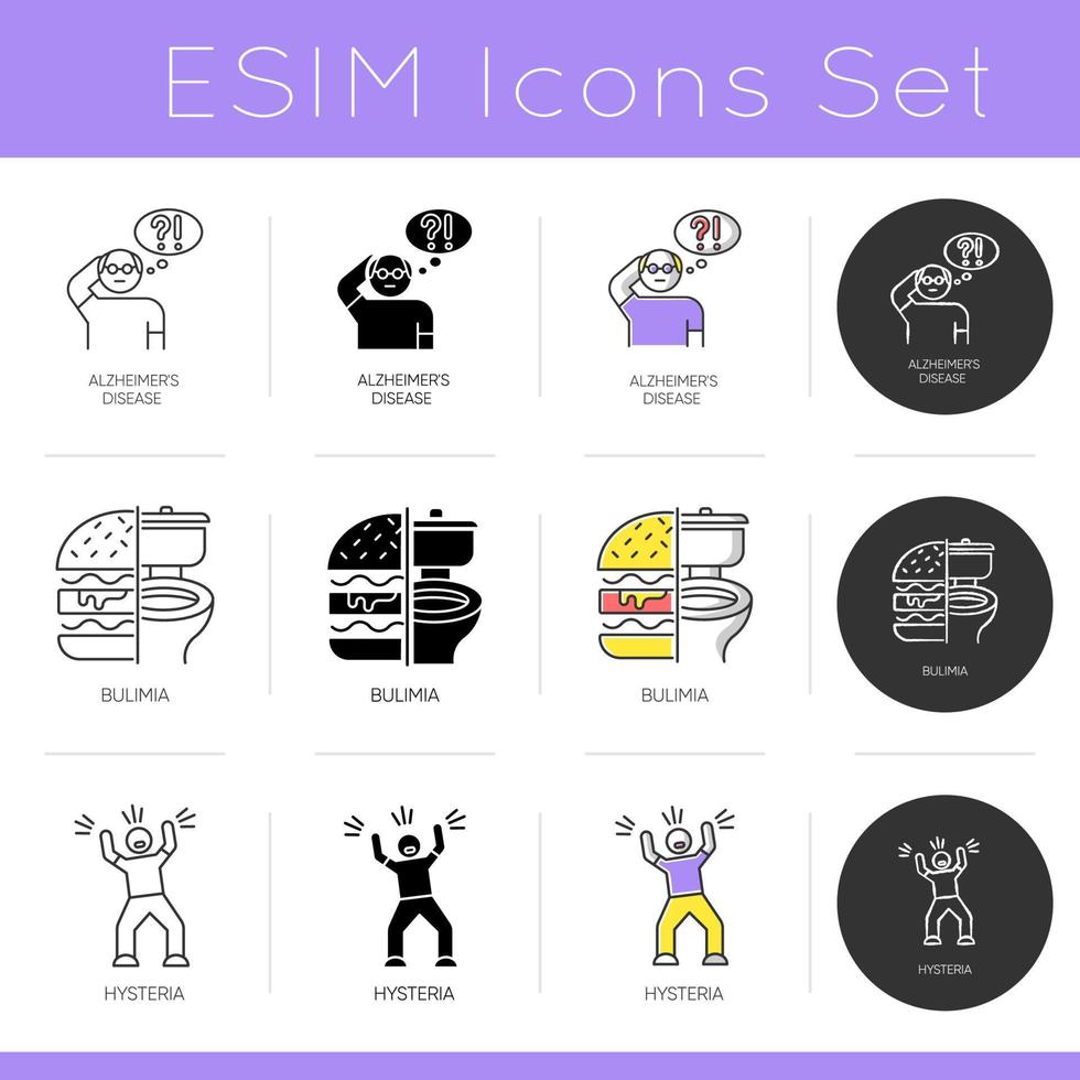 ensemble d'icônes de troubles mentaux. la maladie d'alzheimer. boulimie et frénésie alimentaire. hystérie. psychologie et psychiatrie. design plat, styles linéaires, noirs et couleurs. illustrations vectorielles isolées vecteur