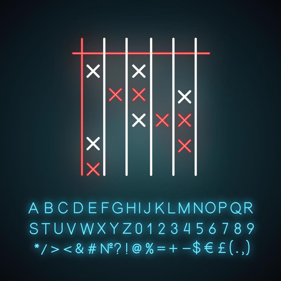 icône de néon de données d'enquête. croix sur la liste de contrôle. tableau, graphique. document d'évaluation. réponse vide. formulaire de questionnaire. signe lumineux avec alphabet, chiffres et symboles. illustration vectorielle isolée vecteur