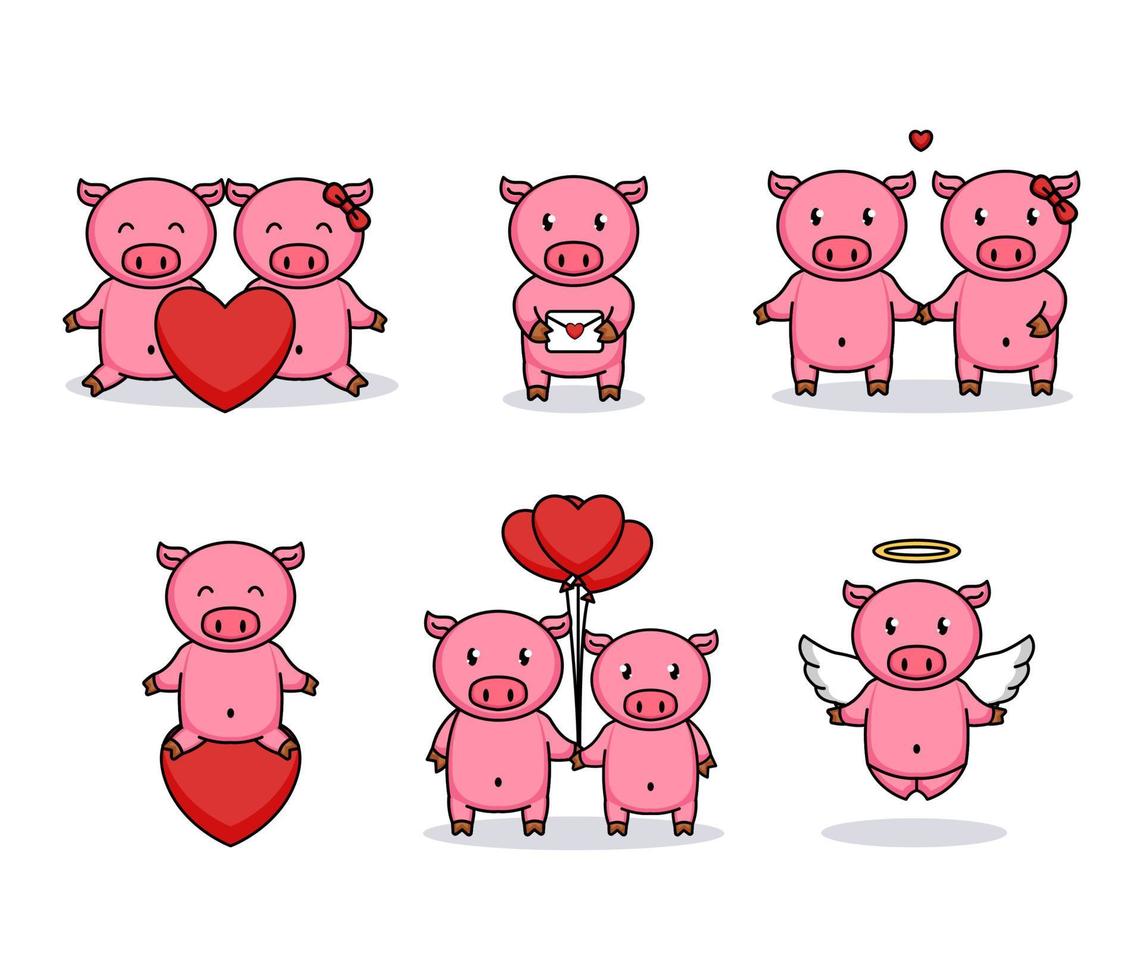 ensemble de mignons couples de porcs aiment la saint-valentin vecteur