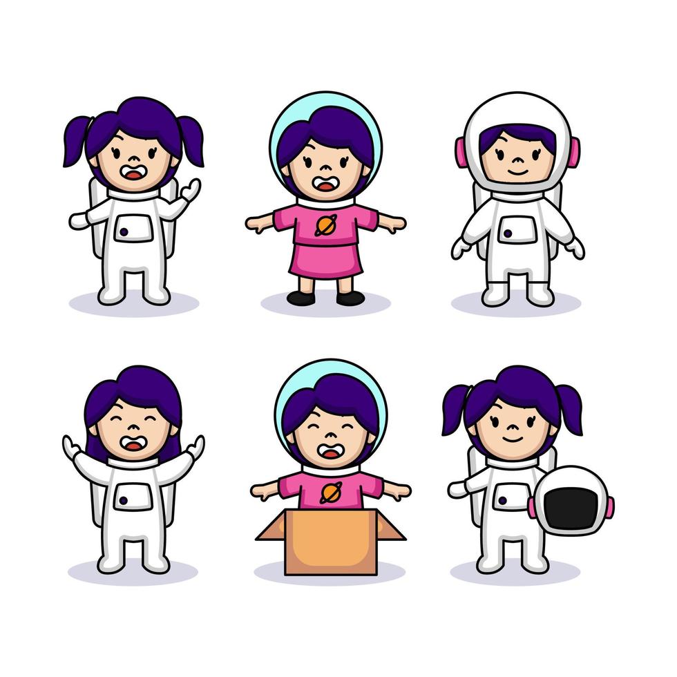 ensemble de fille dans la conception de logo de mascotte d'astronaute vecteur