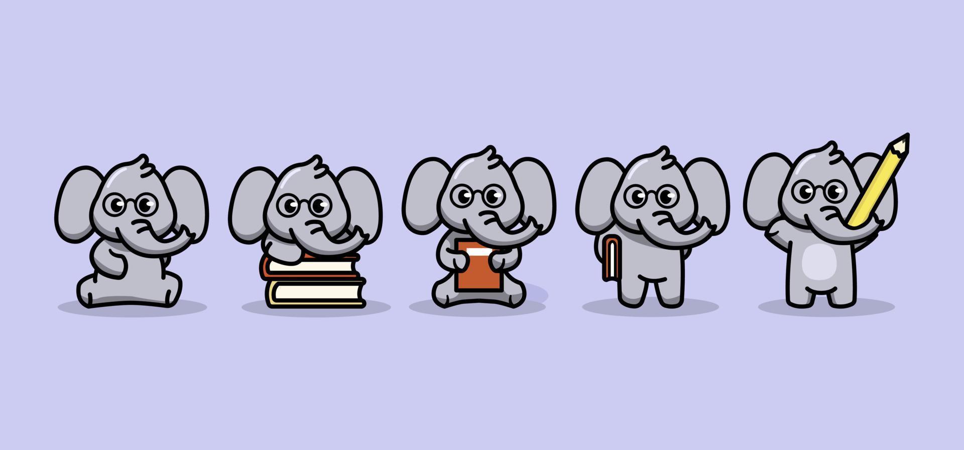 ensemble de mascotte étudiante d'éléphants nerds mignons vecteur