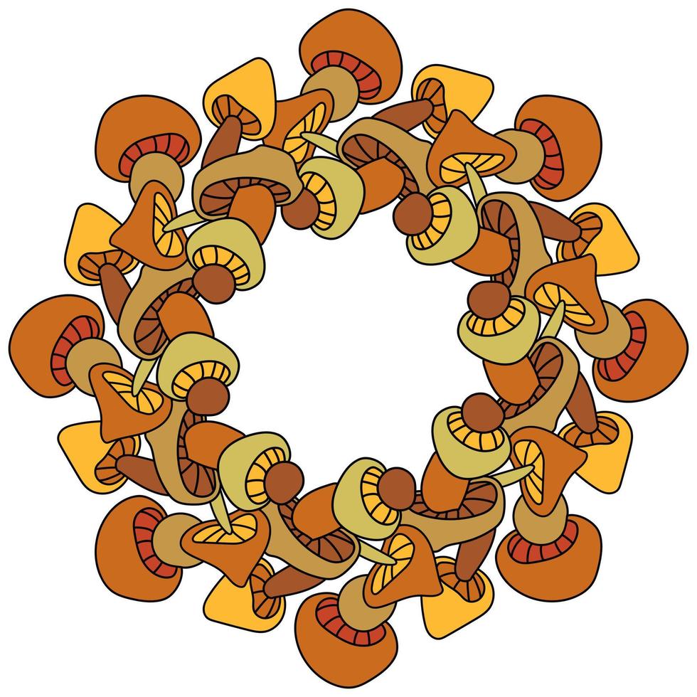 couronne de champignons doodle aux couleurs vives de l'automne, éléments naturels sous la forme d'un cadre rond vecteur