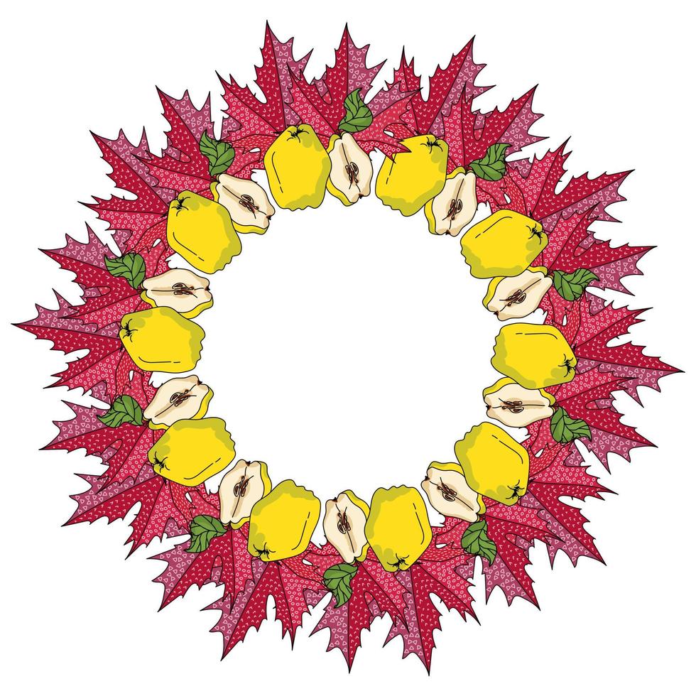 couronne d'automne de feuilles d'érable rouge avec motifs et coings, fruits coupés et entiers et un bouquet de feuilles disposées dans un cadre rond vecteur