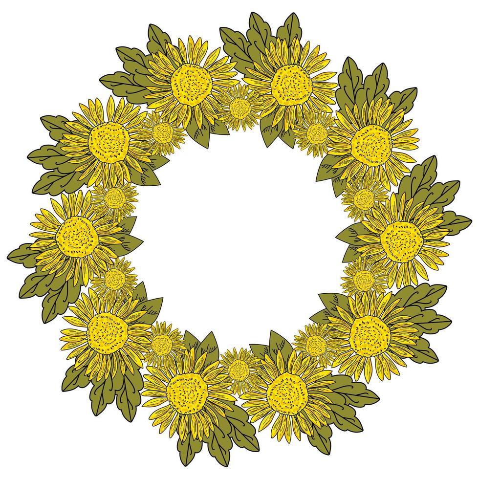 une couronne de fleurs jaunes et de feuilles vertes, des fleurs lumineuses avec de petits pétales et un contour noir, disposées sous la forme d'un cadre rond vecteur