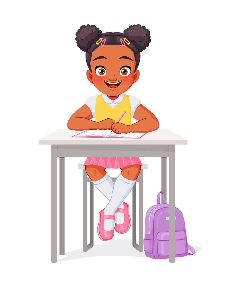 heureuse fille afro-américaine assise au bureau illustration vectorielle de dessin animé vecteur