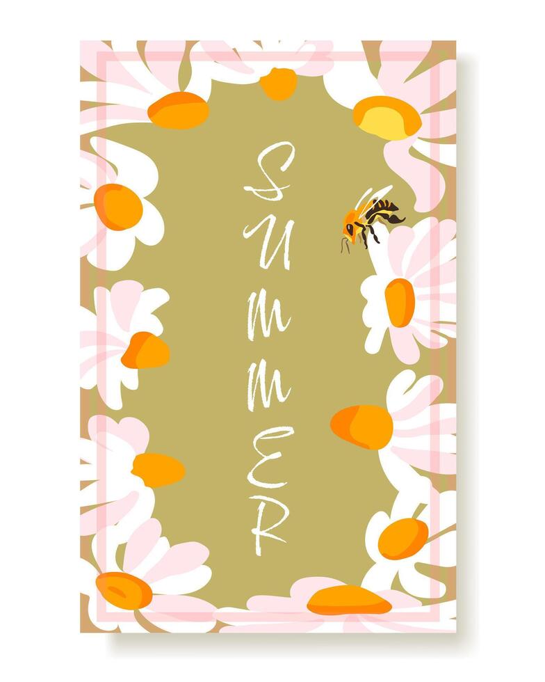été affiche Cadre sauvage fleurs blanc Marguerite abeille luxuriant feuillage. Facile sauvage sauvage fleur plante. modèle carte postale verticale fond d'écran tissu en tissu fond d'écran textile vecteur