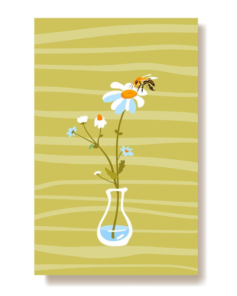 été affiche sauvage fleurs blanc Marguerite abeille, verre vase Facile fleur. traditionnel isolé plante modèle carte postale verticale fond d'écran en tissu emballage en tissu fond d'écran textile vecteur