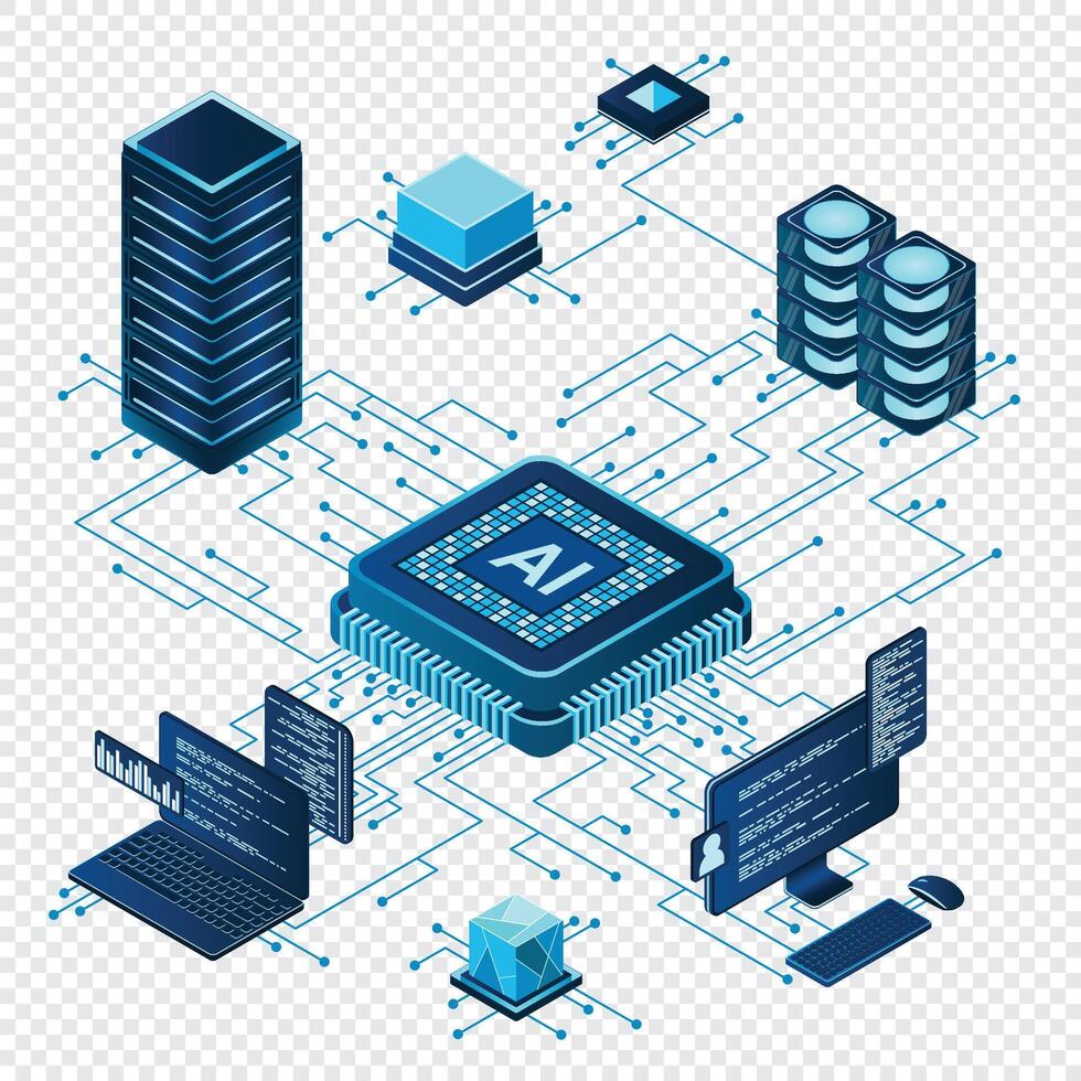 isométrique artificiel intelligence puce concept. artificiel intelligence serveur. futuriste puce électronique processeur. isométrique nuage l'informatique. illustration vecteur