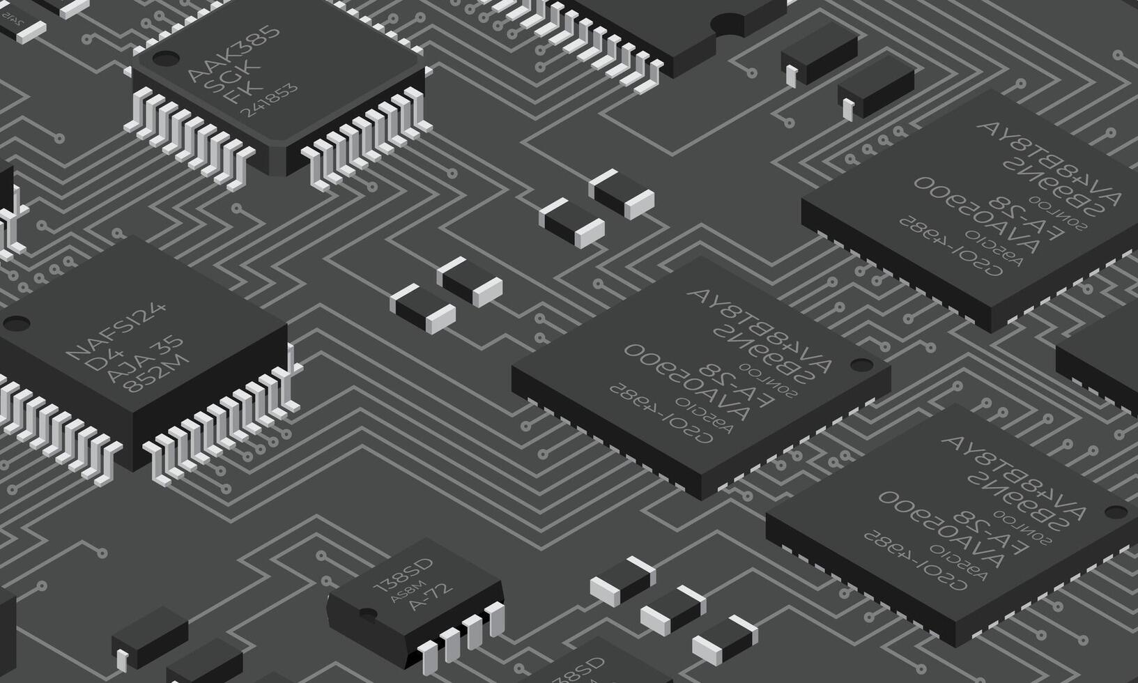 isométrique électronique planche. isométrique imprimé circuit planche avec électronique Composants. électronique Composants et intégré circuit planche vecteur