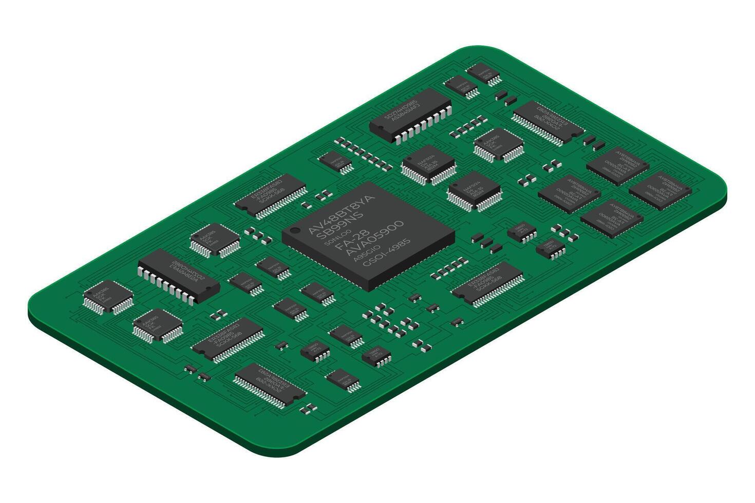 isométrique électronique planche. isométrique imprimé circuit planche avec électronique Composants. électronique Composants et intégré circuit planche vecteur