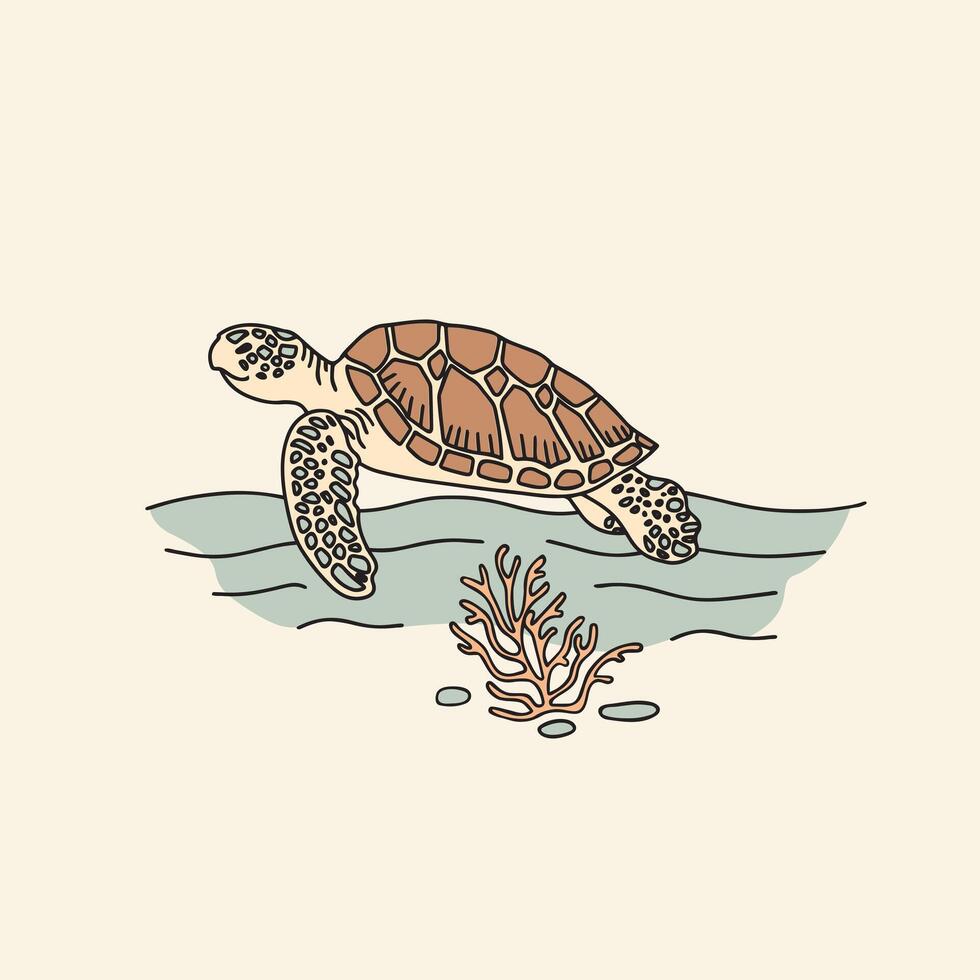 mer tortue sur le fond marin. main tiré illustration. vecteur