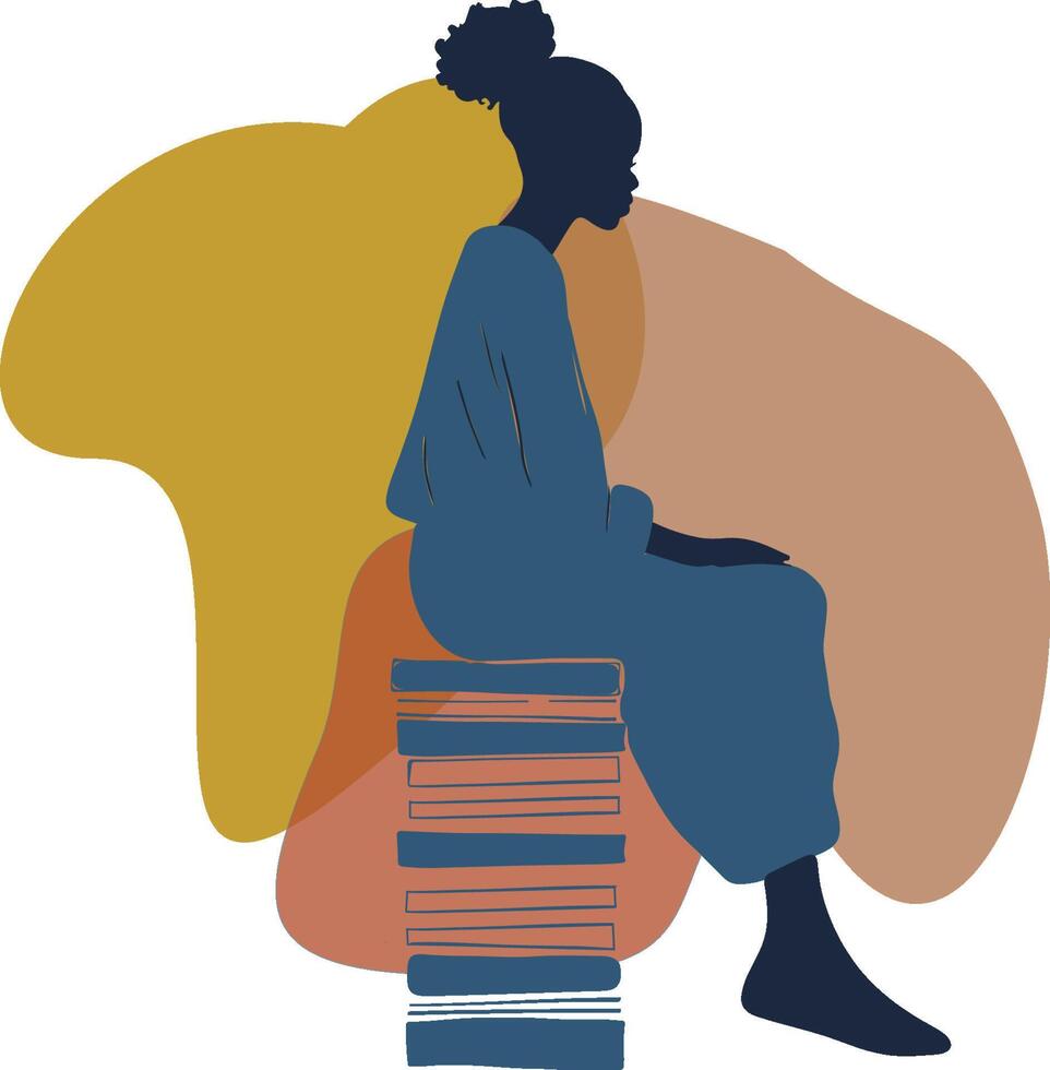 une femme est assis sur une empiler de livres vecteur