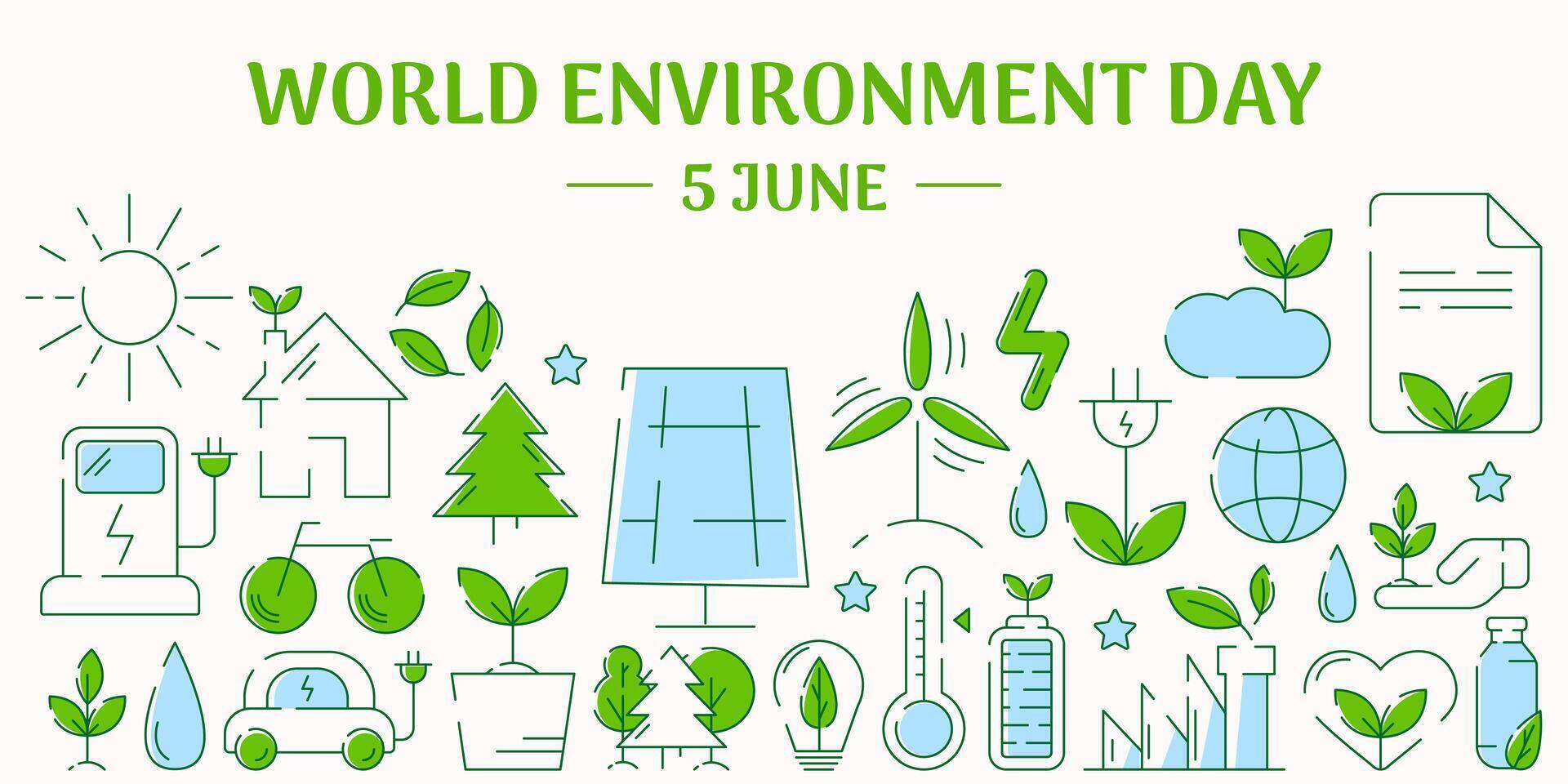 monde environnement jour, moderne écologie la nature bannière. ensemble de ligne éco Icônes dans plat minimaliste style. pour prospectus, affiche, couverture, la toile, présentation. durabilité, recycler, renouvelable énergie. vecteur