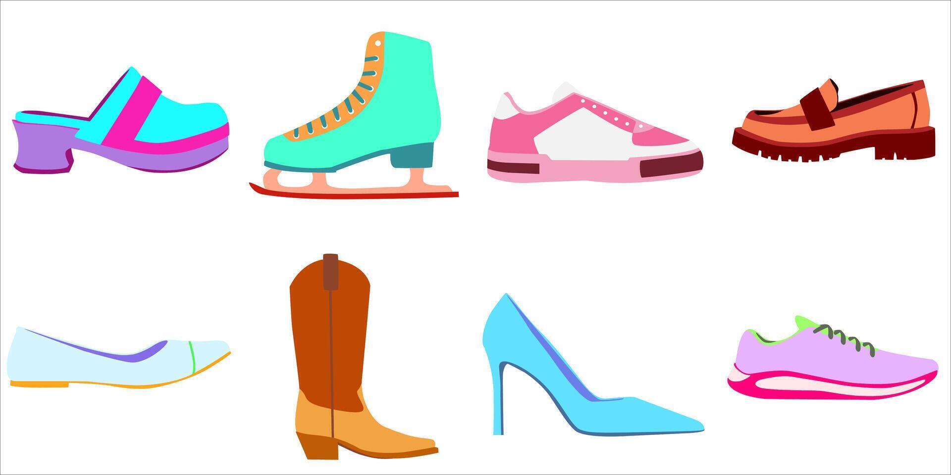 plat, bottes, talons, flâneurs, baskets, fonctionnement des chaussures vecteur