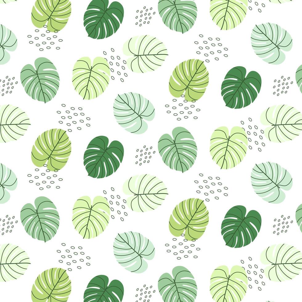 tropical feuilles sans couture modèle. vert abstrait monstera feuilles et décorative formes répéter sur blanche. été Contexte conception pour imprimer, décor, tissu, carte. vecteur