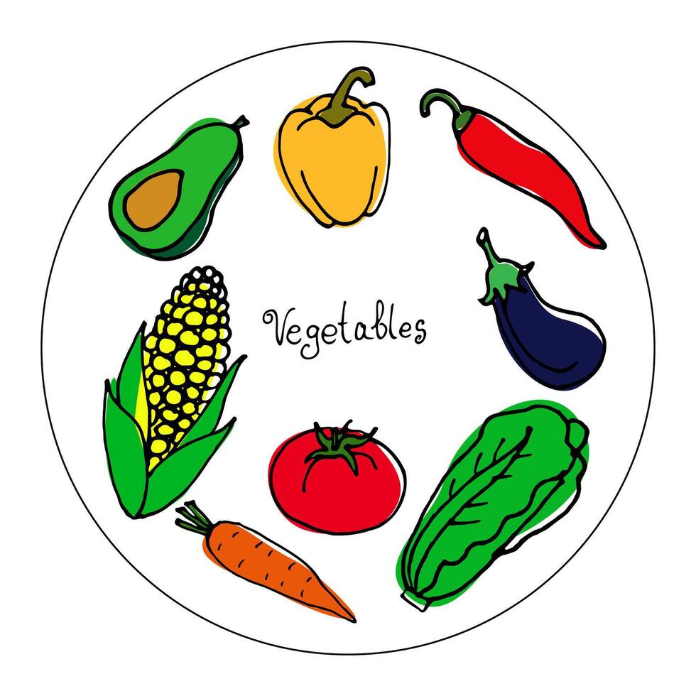 main tiré illustration de coloré des légumes sur une assiette dans dessin animé style. une ensemble de des légumes à décorer plats, tissus et Ménage articles. vecteur