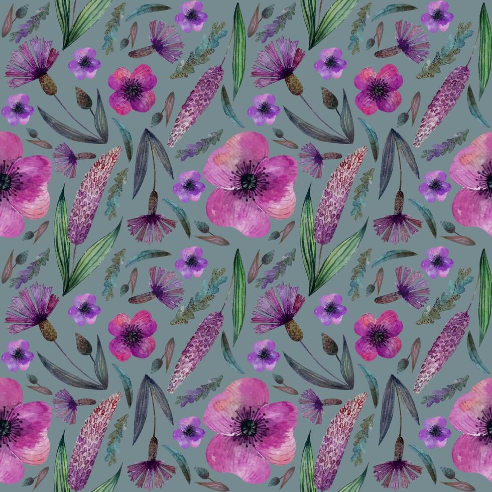 sans couture modèle Prairie rose lilas fleurs et herbes, bleuets, sur gris bleu Contexte vecteur