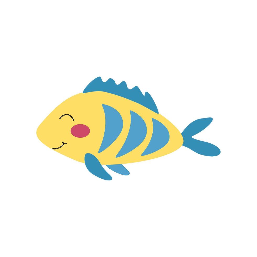 de bonne humeur tropical Jaune poisson avec bleu rayures. dessin animé illustration pour autocollants, enfants livres, des produits, pièce décoration. vecteur