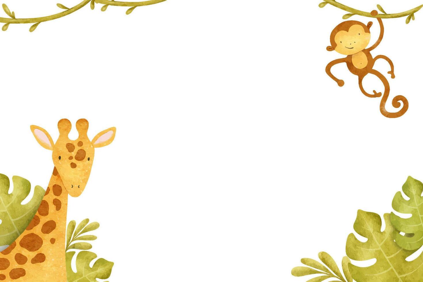 Cadre de mignonne bébé girafe, singe et tropical feuilles. marrant des gamins isolé main tiré aquarelle Contexte. une conception pour enfants invitation cartes, bébé douche, décoration de des gamins pièces vecteur