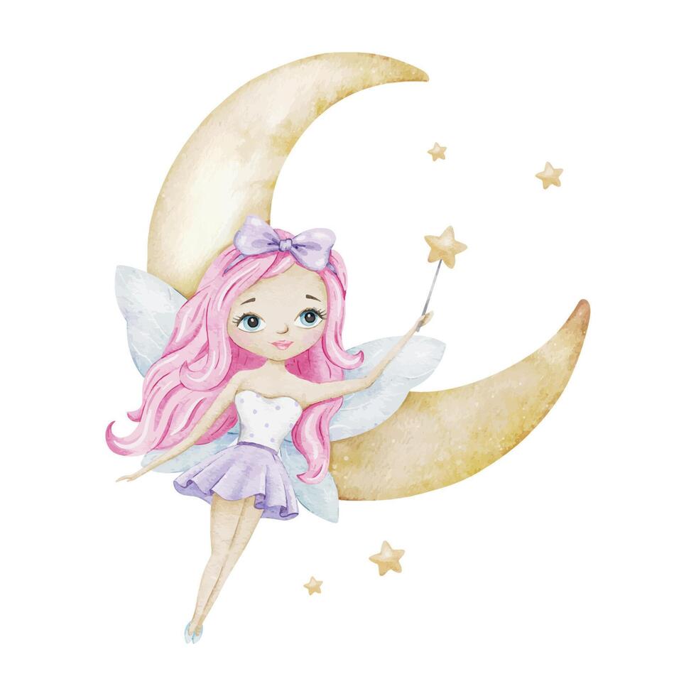 mignonne peu Fée avec lumière bleu ailes, croissant lune et étoiles. isolé main tiré aquarelle illustration. conception pour des gamins marchandises, vêtements, cartes postales, bébé douche et enfants pièce vecteur