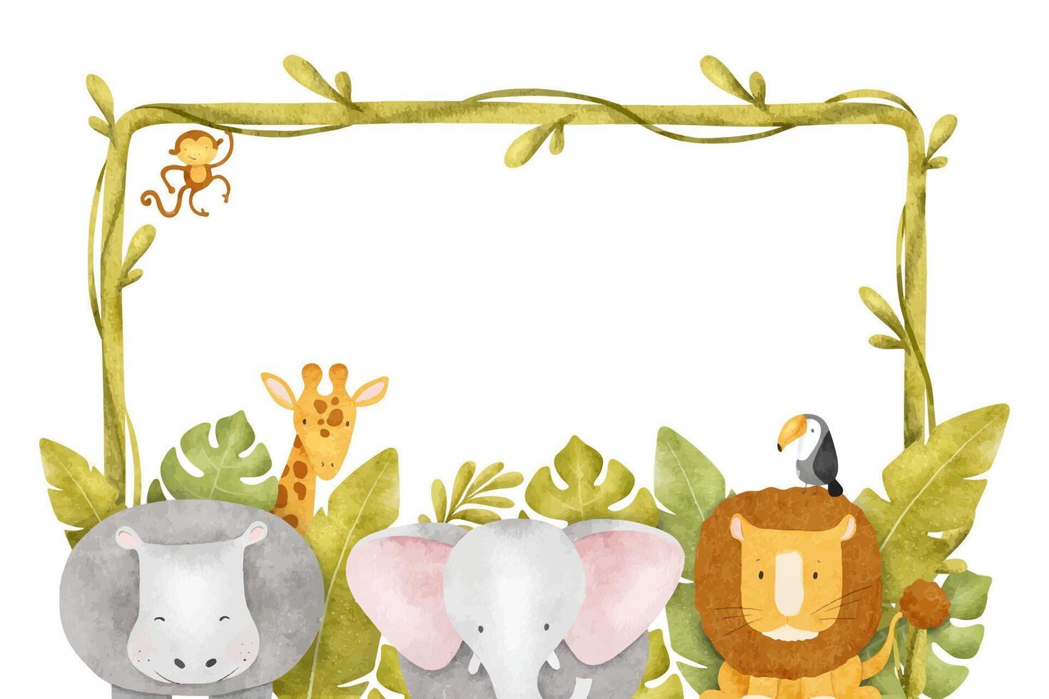 Cadre de africain jungles animaux éléphant, singe, lion, girafe, toucan, hippopotame, tropical feuilles. des gamins isolé aquarelle Contexte. pour enfants invitation cartes, bébé douche, des gamins pièces vecteur