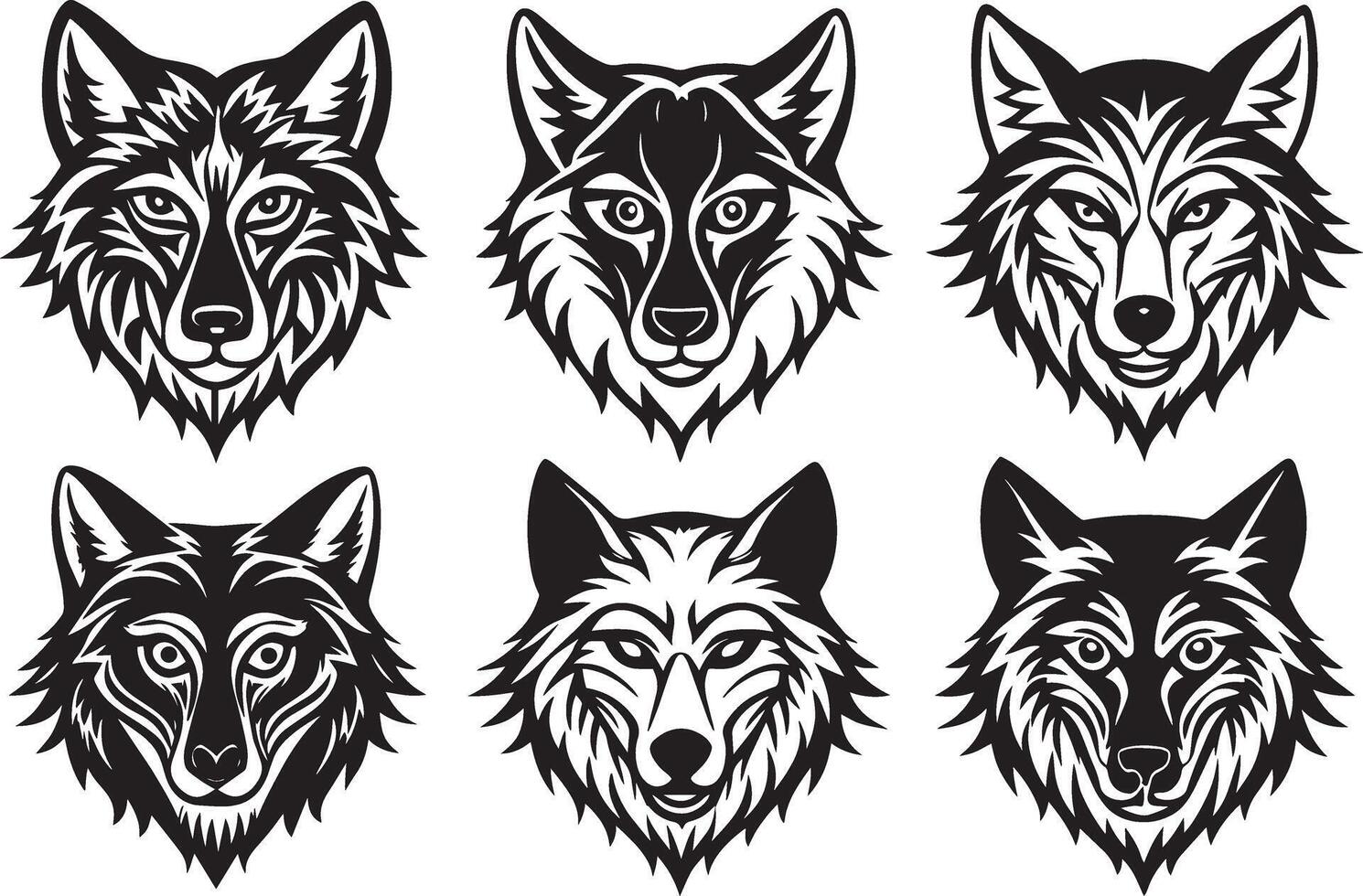 ensemble de Loup têtes dans noir et blanc couleurs. illustration. vecteur