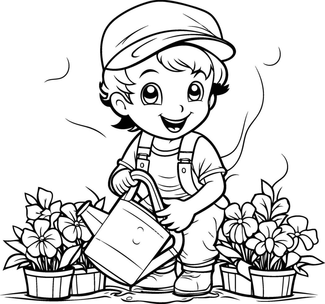 noir et blanc dessin animé illustration de mignonne peu garçon jardinier arrosage fleurs pour coloration livre vecteur