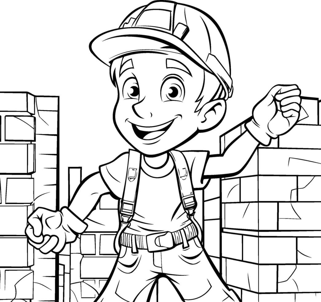 noir et blanc dessin animé illustration de enfant garçon construction ouvrier personnage pour coloration livre vecteur