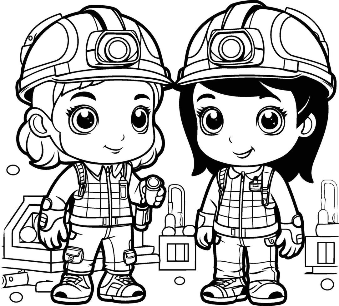 coloration livre pour les enfants garçon et fille dans une sapeur pompier costume vecteur
