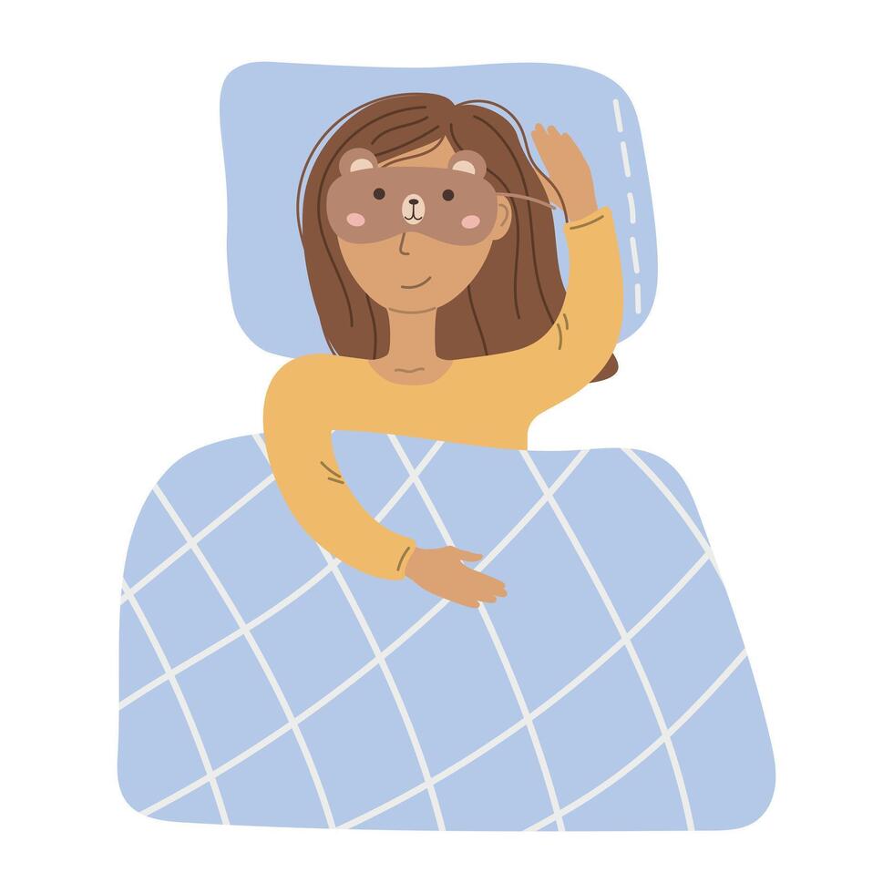 fille portant une sommeil masque est allé à lit, en bonne santé sommeil concept vecteur