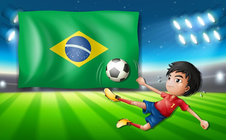 Garçon, footballeur, devant, drapeau brésil vecteur