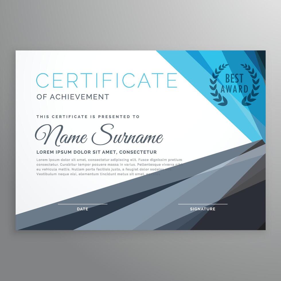Créatif certificat de réussite conception modèle dans bleu et gris formes vecteur