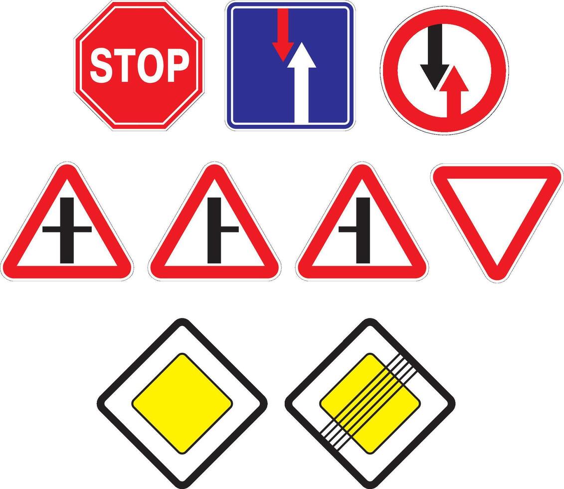 priorité route panneaux. principale route, mineure, donner chemin, arrêt, jonction vecteur