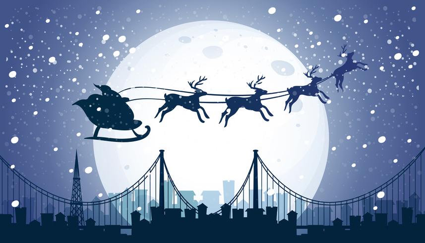 Silhouette Santa et renne volant le ciel de nuit vecteur
