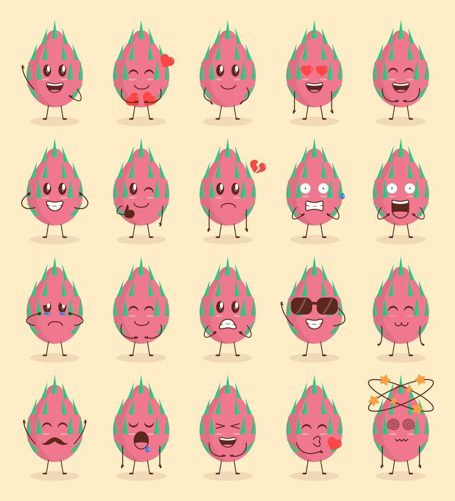 Ensemble de dessins animés colorés de fruits du dragon avec diverses expressions vecteur