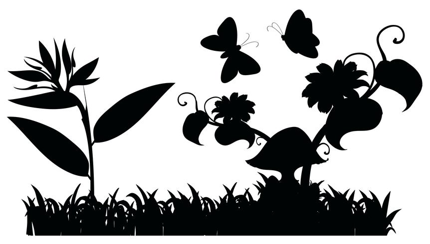Scène de jardin silhouette avec des papillons vecteur
