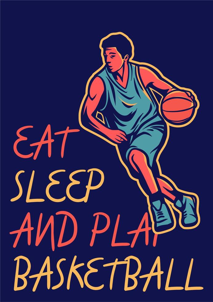 manger dormir et jouer au basket avec une illustration vintage du joueur dribbler vecteur