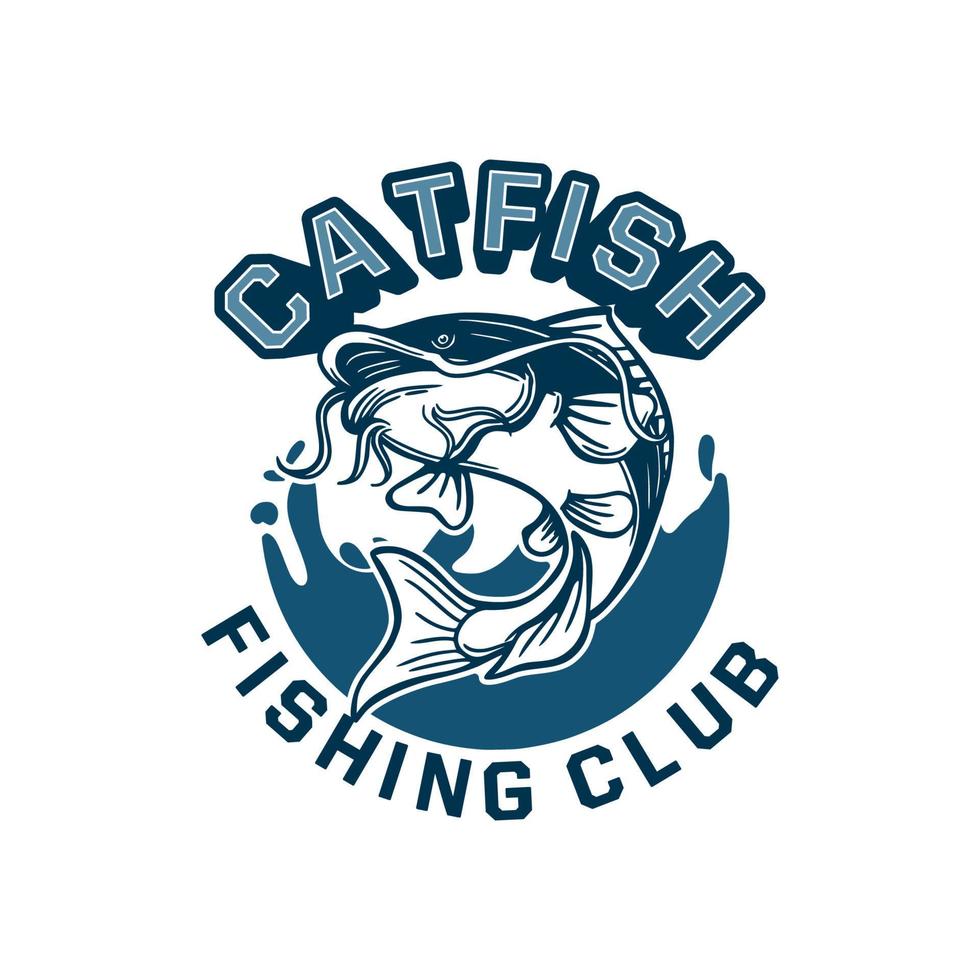 le poisson-chat saute avec de l'eau bleue en arrière-plan pour l'insigne du logo de votre club de pêche. peut également être utilisé sur des t-shirts vecteur