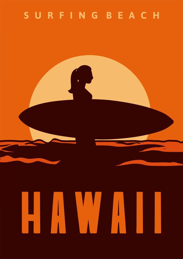 surf plage hawaii affiche illustration design femme silhouette planche de surf vintage style rétro vecteur