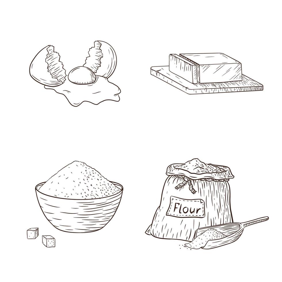 collection d'ingrédients de cuisson. illustrations de nourriture dessinées à la main pour le logo, la recette, l'autocollant, l'impression, la conception et la décoration de menus de boulangerie vecteur