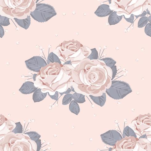 Modèle sans couture floral rétro. Roses blanches avec des feuilles bleu-gris sur fond rose pastel. Illustration vectorielle vecteur