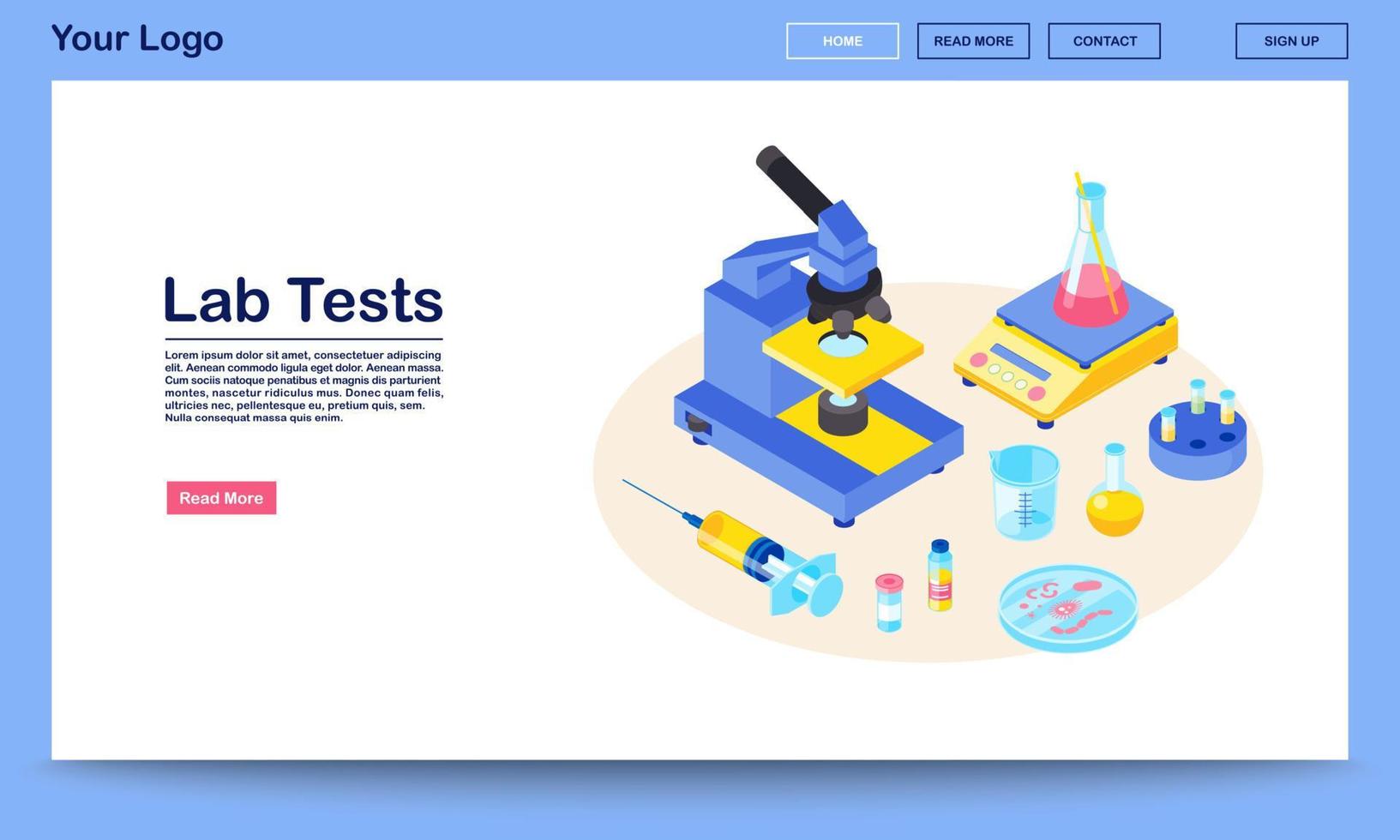 le laboratoire teste le modèle vectoriel de page Web avec une illustration isométrique. analyse médicale. recherche en laboratoire de diagnostic. microscope, seringue, bécher. conception d'interface de site Web. page Web, concept 3d d'application mobile