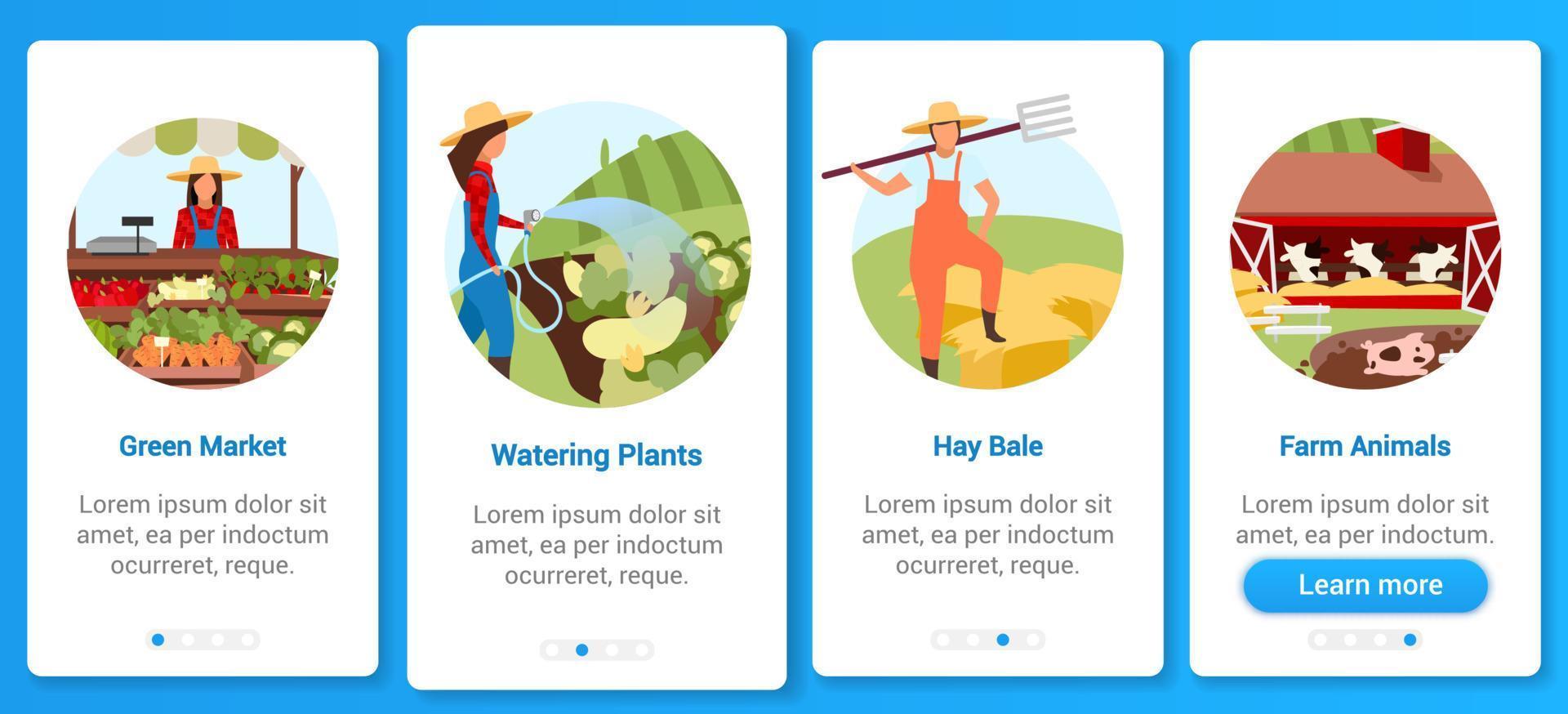 modèle vectoriel d'écran d'application mobile d'intégration agricole. marché vert, arrosage des plantes, animaux de la ferme. agriculture. Procédure pas à pas du site Web avec des caractères plats. interface de dessin animé pour smartphone ux, ui, gui