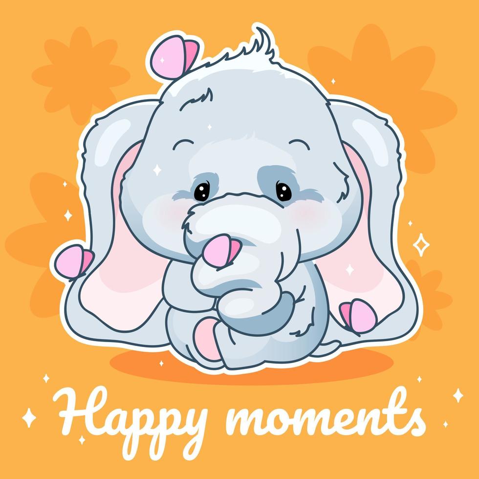 Maquette de publication sur les réseaux sociaux de personnage kawaii d'éléphant mignon. lettrage de moments heureux. affiche positive, modèle de carte avec un animal adorable. mise en page du contenu des médias sociaux. impression, illustration de livre pour enfants vecteur