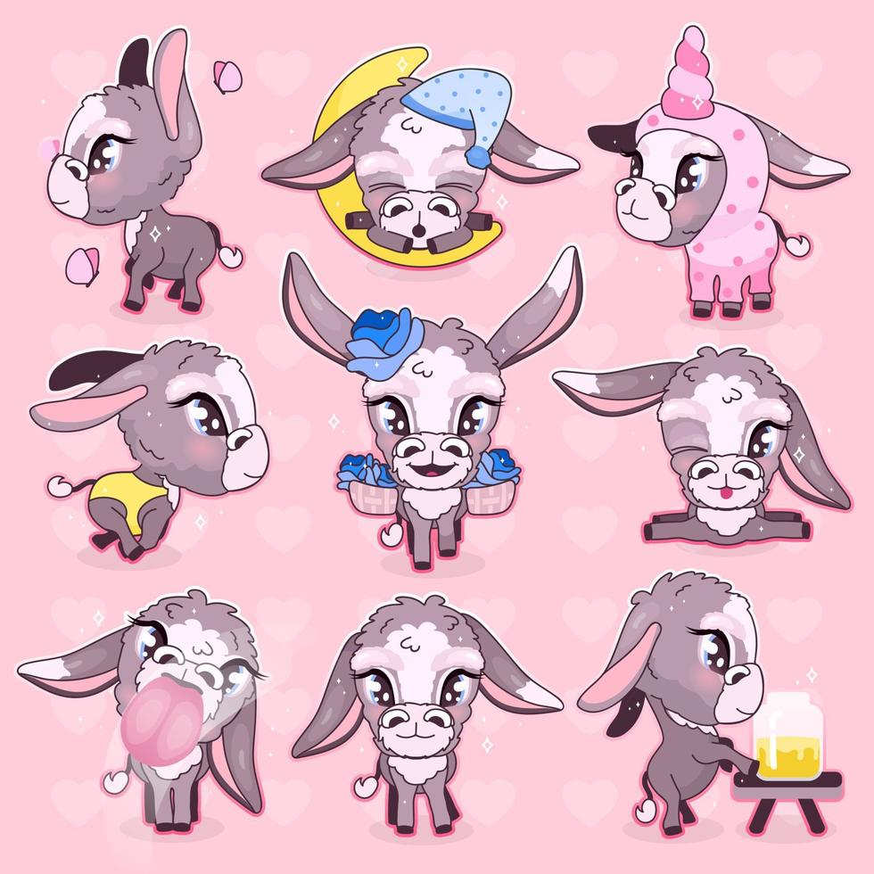 Jeu de caractères de vecteur de dessin animé mignon âne kawaii. mule adorable et drôle, autocollants isolés d'animaux burro, patchs. pack d'emojis d'ânes heureux d'anime sur fond rose