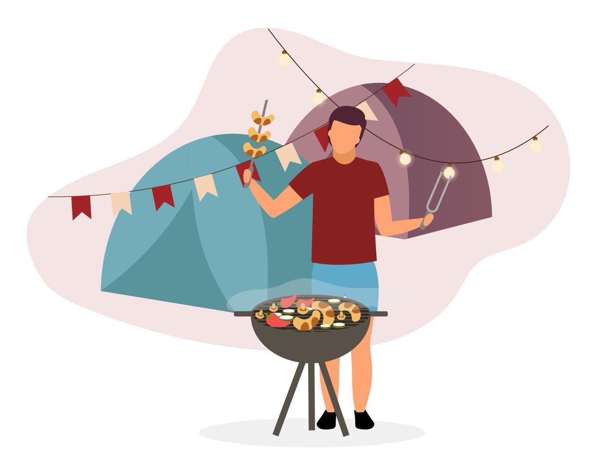 illustration vectorielle plane de barbecue de camp d'été. randonneur, campeur faisant frire des saucisses sur un barbecue. mari, père cuisinant des légumes grillés pour un pique-nique au grand air. touriste préparant des collations à la campagne vecteur