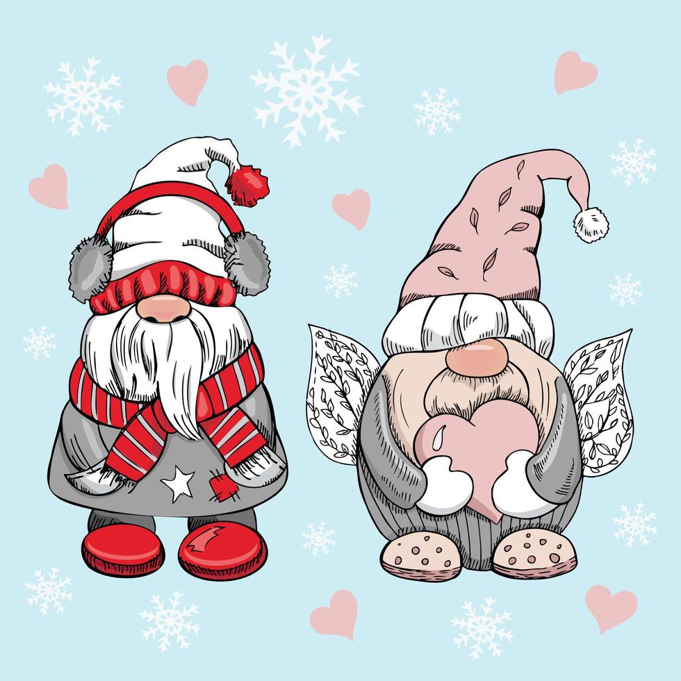 un ensemble de gnomes dessinés à la main pour le nouvel an, noël et la saint-valentin. illustration vectorielle vintage. illustration du nouvel an, de noël et de la saint-valentin. vecteur