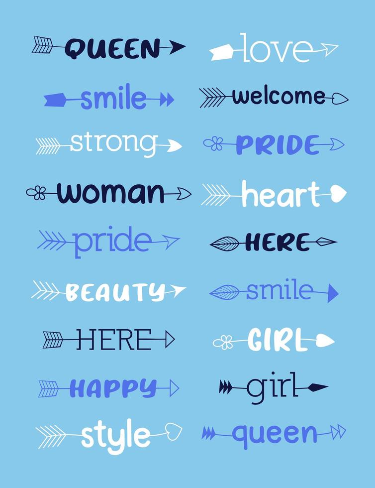 mots de filles colorées dessinés à la main dans les flèches. différents styles et couleurs. vecteur